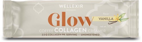 Eine Vanille-Geschmackskollagen Kaffeecreme in einer hellen Einzeltasche mit braunem und goldenem Text.