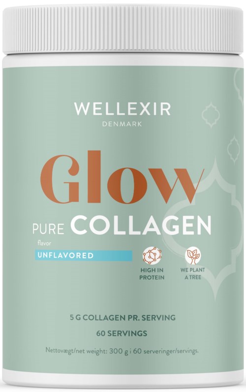 Eine hellgrüne Verpackung mit 'Glow Collagen' und Text über geschmacksneutrales, proteinreiches, pflanzenbasiertes Kollagenpräparat.