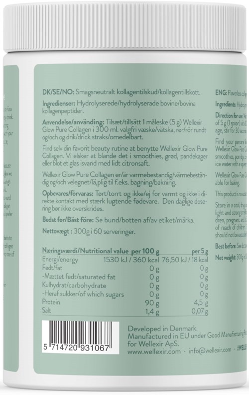 Das Etikett zeigt Zutaten und Nährwertangaben für ein Kollagenpräparat, mit grünem und weißem Design.