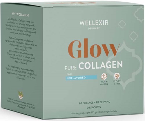 Grüne Schachtel mit 'WELLEXIR Denmark Glow Pure Collagen' Beschriftung, blauer Aufkleber, erwähnt ungesüßt, 30 Beutel, Kollagen-Vorteile.