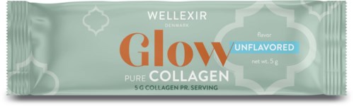 Hellgrüne Kollagenpaket von WELLEXIR, mit der Aufschrift 'Glow', 'Unflavored', 5 g Netto-Gewicht.