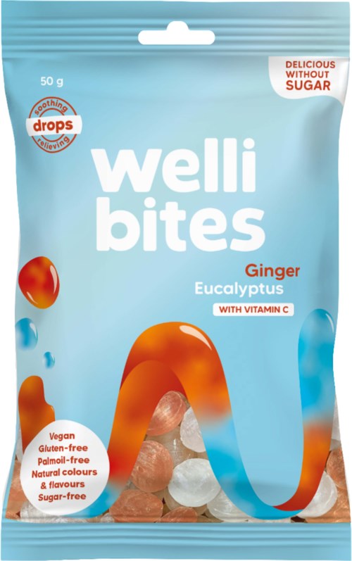 Ginger and eucalyptus flavored gummy candies with natural colors, Vitamin C, and no sugar, gluten, or vegan ingredients.