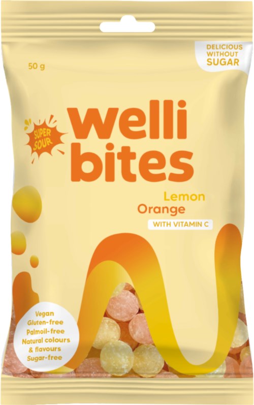 Yellow packaging with lemon-orange flavored candies, highlighting it's vegan, gluten-free, and sugar-free.