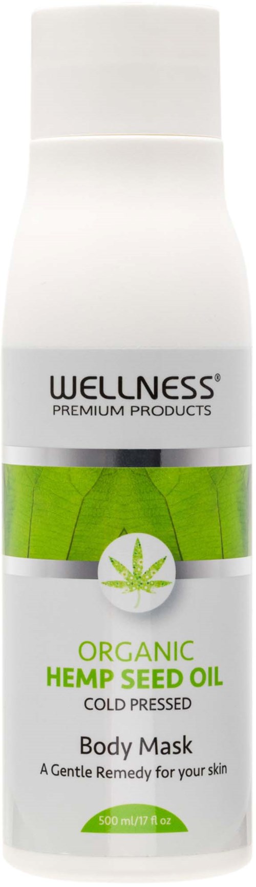 Witte fles met organische hennepzaadolie lichaamsmasker met groen bladvorm en Wellness merk.