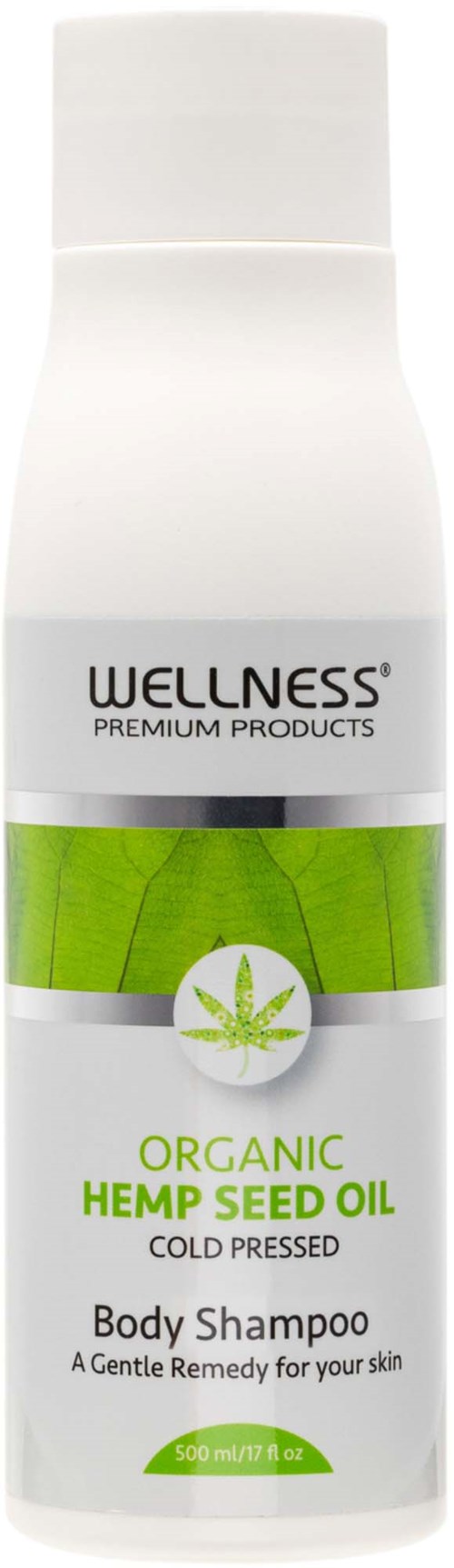 Een witte fles Wellness Organic Hemp Seed Oil Body Shampoo met groen bladlogo, gelabeld als mild en koudgeperst.