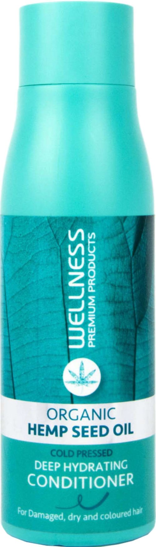Lichtblauwe fles met biologische hennepzaadolie conditioner voor beschadigd, droog haar. Houdt haar gezond en gehydrateerd.