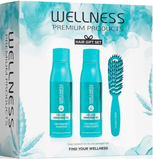 Two blue bottles of hair care products and a brush. The set includes shampoo and conditioner for dry, damaged hair.