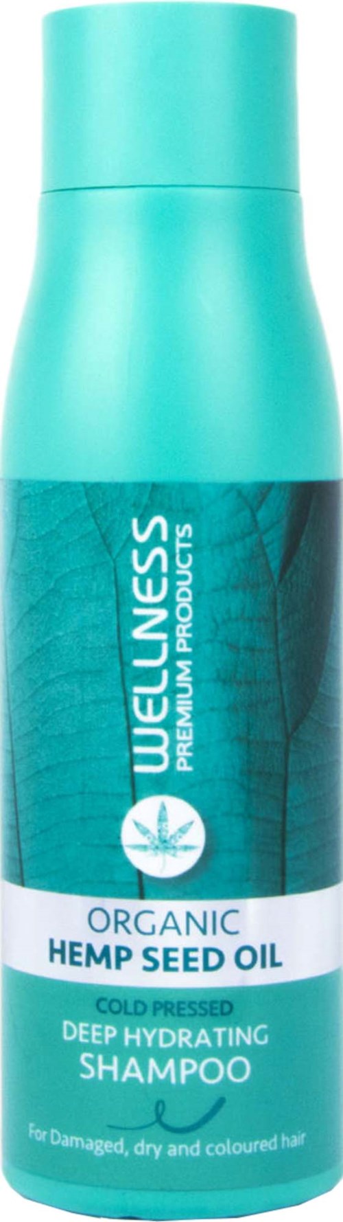 Een turquoise fles Wellness Organic Hemp Seed Oil diep hydraterende shampoo voor beschadigd, droog en gekleurd haar.