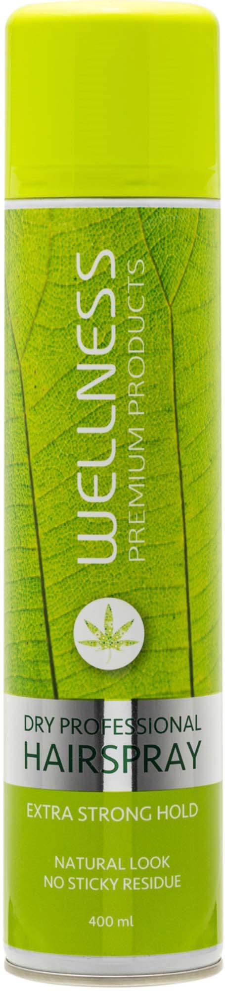 Een groen spuitbus met lichtgroene dop, labelt 'Wellness Premium Products, Hairspray, Extra Strong Hold, 400 ml.'