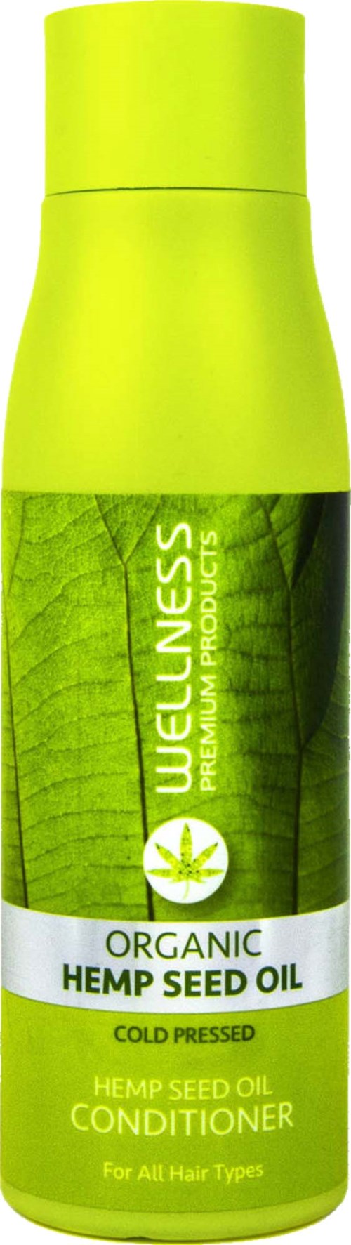 Eine grüne Flasche mit Bio-Hanfkeimölspender für alle Haartypen.