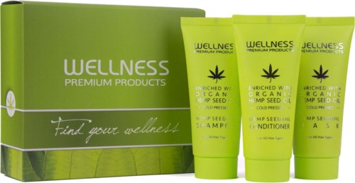 Set van drie groene wellness-producten en een bijpassend doosje, allemaal met focus op biologische hennepzaad ingrediënten.