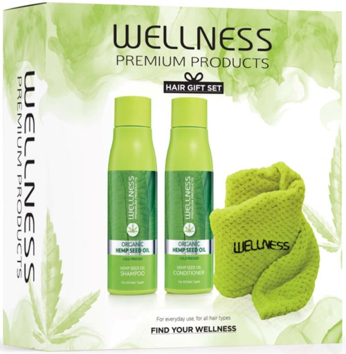 Green shampoo and conditioner bottles with a green headband and logo, all in a wellness product set.
