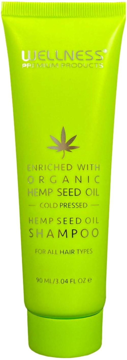 Felgroene shampoefles met hennepblad, geschikt voor alle haarstypes, bevat biologische hennepzaadolie, 90ml.