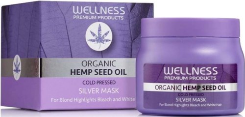 Lila potje en doos met wellness hennepzaadolie zilver masker voor haarkleuren. Eenvoudig en strak ontwerp.
