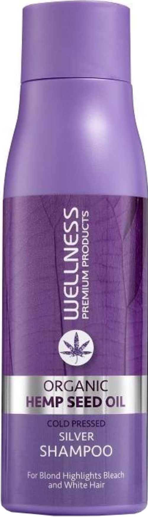 Purple bottle of organic hemp seed oil shampoo for blond hair, highlighting blonde highlights and white hair.