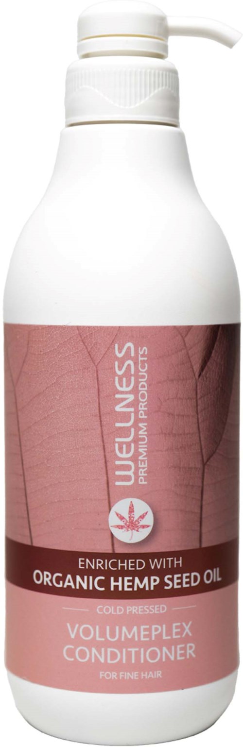 A white bottle with a pump contains organic hemp seed oil conditioner for fine hair.