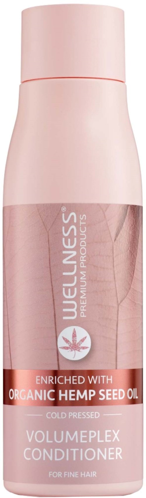 Een roze flesje met Wellness-label, verrijkt met organisch hennepolie, voor fijn haar, genaamd Volumeplex-conditioner.