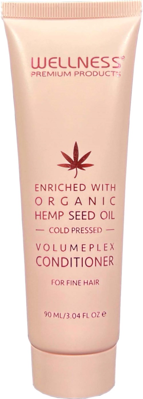 A pink tube of conditioner infused with organic hemp seed oil, for fine hair, 90 ml.