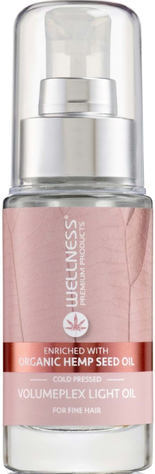 Eine rosa Flasche mit klarem Deckel und Pumpe, gekennzeichnet für Haaröl angereichert mit Bio-Hanföl.