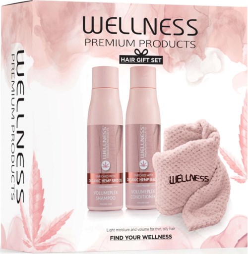 Wellness logo and product set for hair care, including shampoo and conditioner, with a cloth headband, on pink background.