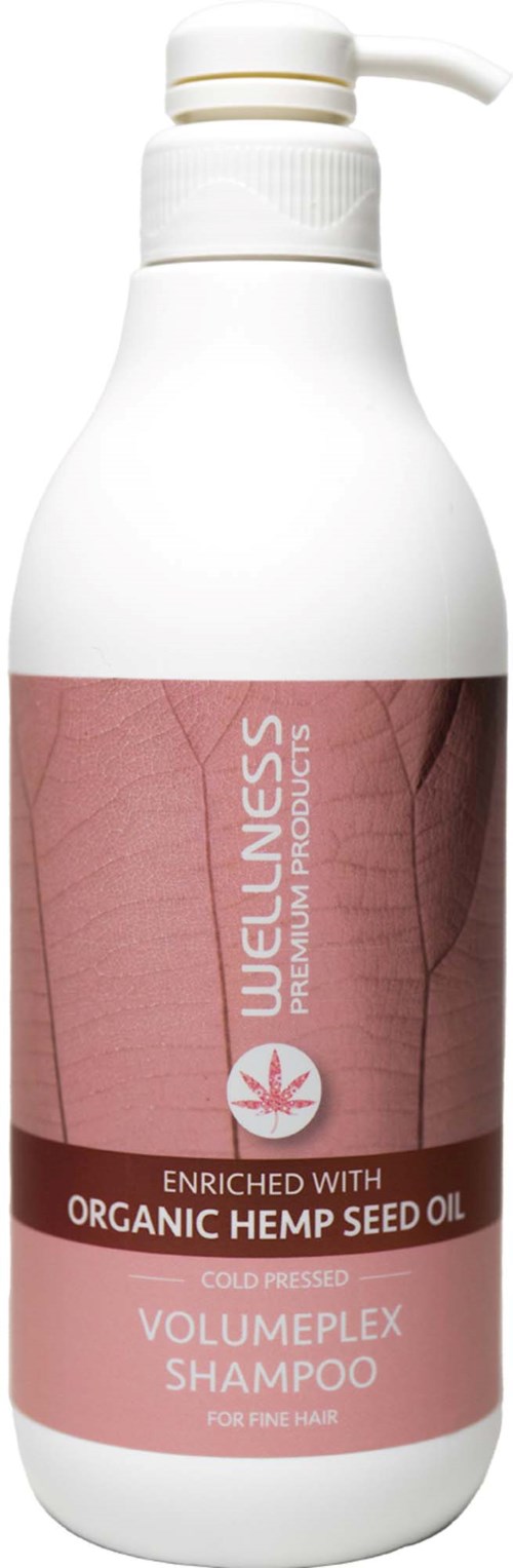 White bottle with a pump, label says WUALINES, contains organic hemp seed oil, for fine hair, volumizing shampoo.