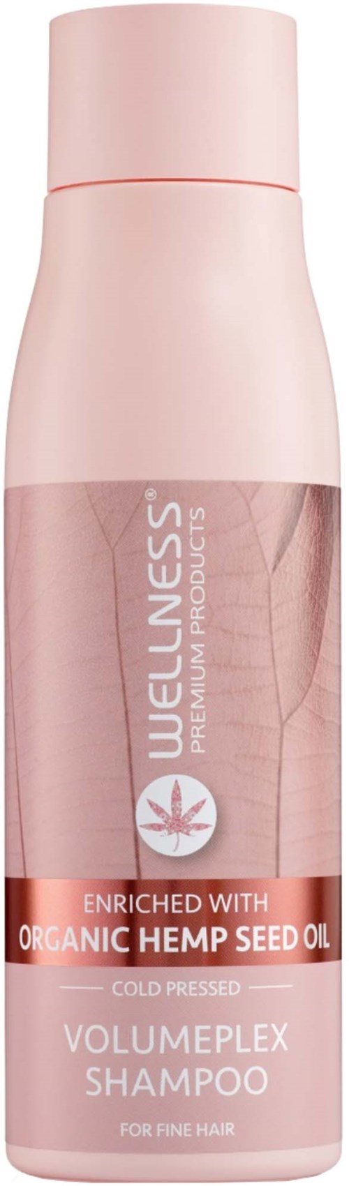 Roze shampoefles met label Volumplex voor fijn haar, verrijkt met biologische hennepolie, koudgeperst.