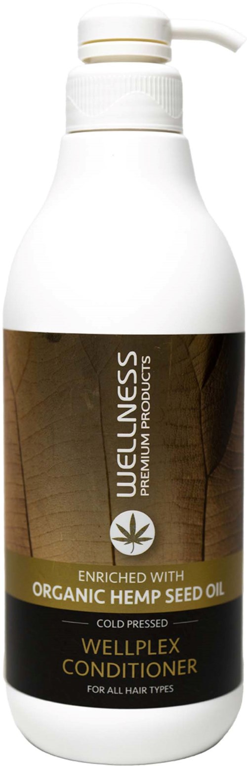Weiße Flasche mit Bio-Hanf-Samenöl-Conditioner mit Pumpe, Aufkleber sagt angereichert, kaltgepresst, geeignet für alle Haartypen.