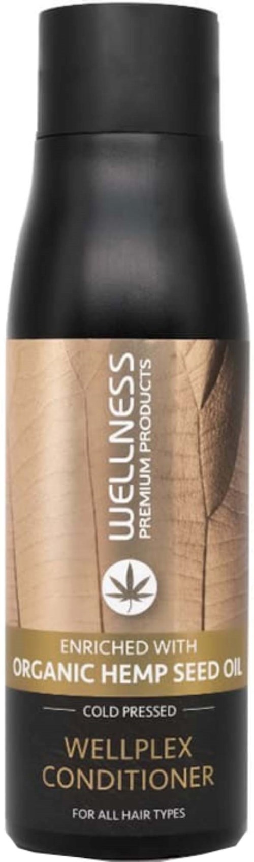 Eine schwarze Flasche Wellness-Conditioner, angereichert mit Bio-Hanföl, geeignet für alle Haartypen.