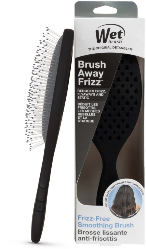 Musta hiusharja kädens kanssa, pakkauksessa lukee Wet Brush ja Brush Away Frizz.