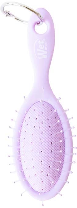 Ljusrosa oval hårborste med små borst och en klämma på handtaget.