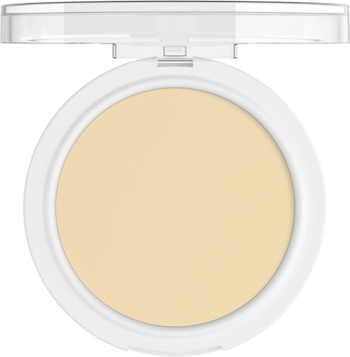 A compact powder makeup in a round container with a clear lid.
