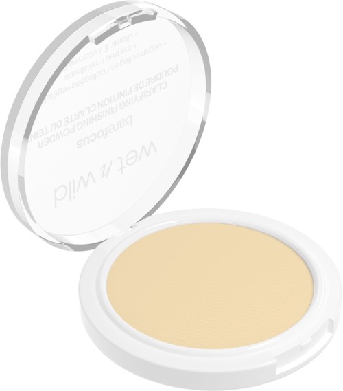 A round compact with light beige powder, open lid showing inside, used for face makeup.
