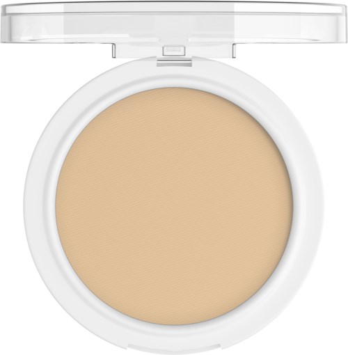 Een poeder in een compacte verpakking met een doorzichtige deksel die beige kleur toont.