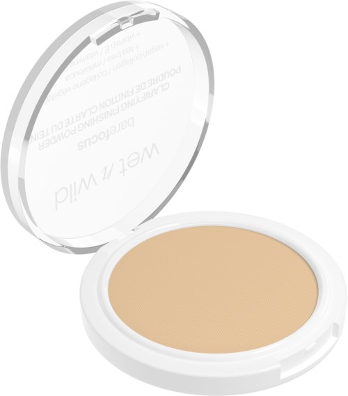 Een make-up compact met beige poeder in een ronde witte houder met doorzichtig deksel.