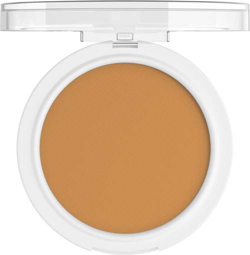 Een compacte make-up poeder met een witte case en bruin poeder in.