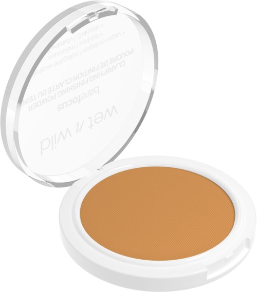 Een kleine doos met bruin poeder, waarschijnlijk make-up, in een witte behuizing met doorzichtig deksel.
