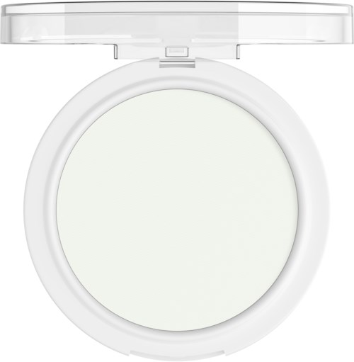 A white compact mirror with a clear lid and round reflective surface inside.