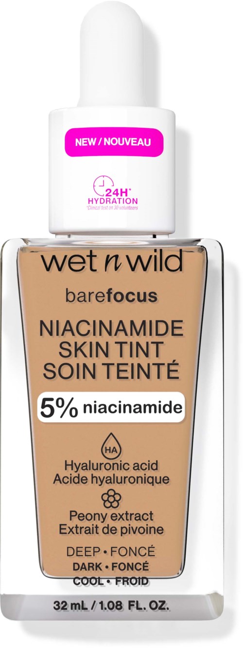 Wet n Wild barefocus Niacinamide hudtoning flaska med pipett, beige färg, etikett nämner 5% niacinamide och hyaluronsyra.