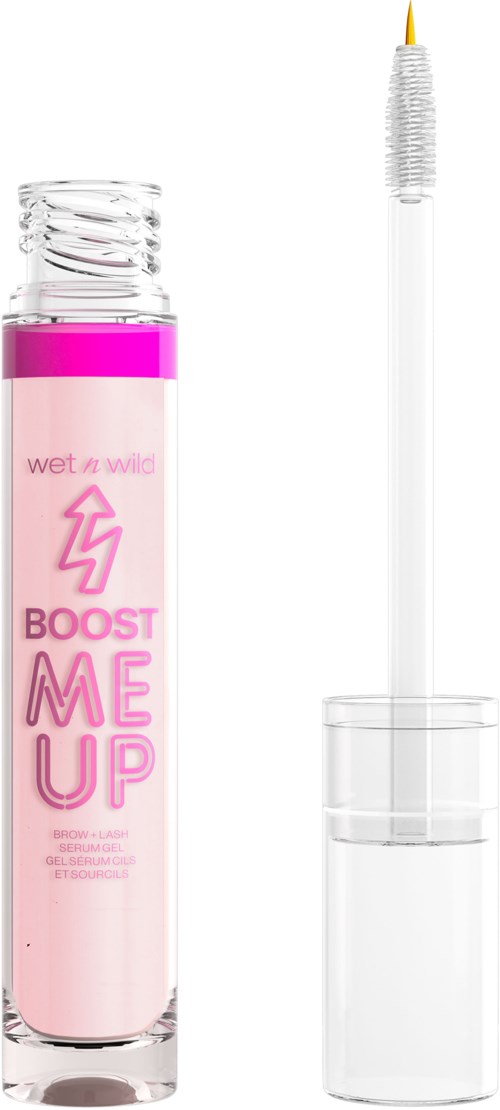 Vaaleanpunainen huulirasutölkki ja harja, etiketti sanoo 'Boost Me Up' ja 'Wet n Wild'.