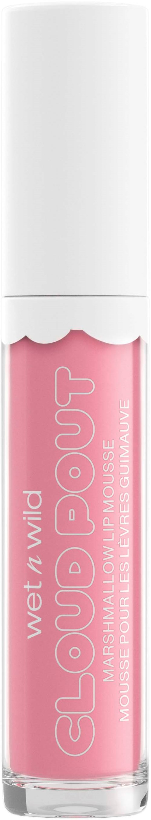 Eine kleine rosa Lipgloss-Flasche mit weißem Deckel, gekennzeichnet Wet n Wild Cloud Lip Gloss Moisture Plus.