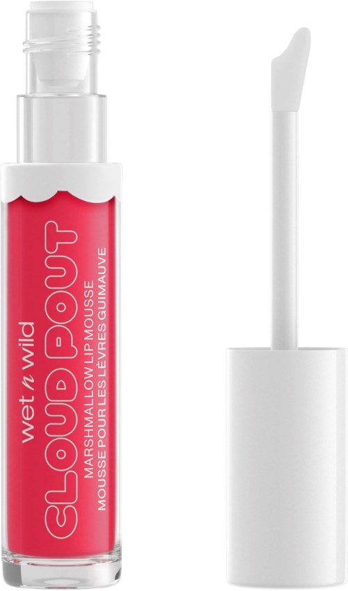 Glänzender roter Lipgloss mit weißem Deckel und Applikatorbürste, gekennzeichnet Wet 'n' Wild Gloss Out.
