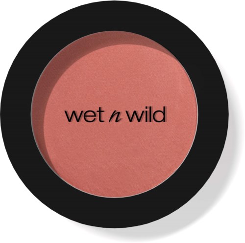 En rund sminkblush med svart ytterkant og rosa inni. Teksten sier "wet n wild" i midten.