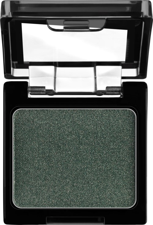 A black makeup compact with a mirror open, showing dark green eyeshadow inside.
