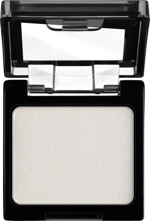 A compact black makeup case with a mirror and a large, light-colored powder inside.