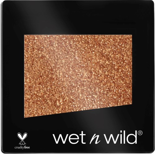 Een zwarte doos met een glitterende, roségouden rechthoek erin. Het heeft 'wet n wild' en cruelty-free logo's.