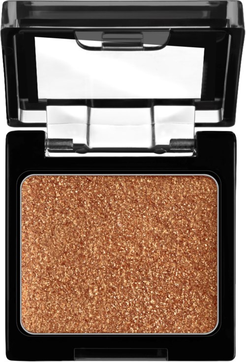 Een make-up compact met glanzende, bronzenkleurige poeder in een zwart doosje.