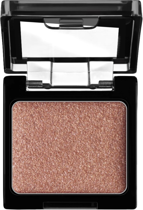 A makeup compact with a shimmery, bronze-colored powder inside a black case with an open mirror.