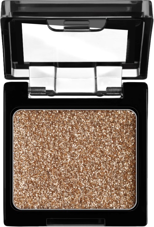 A brown glittery eyeshadow in a compact with a mirror and black case.