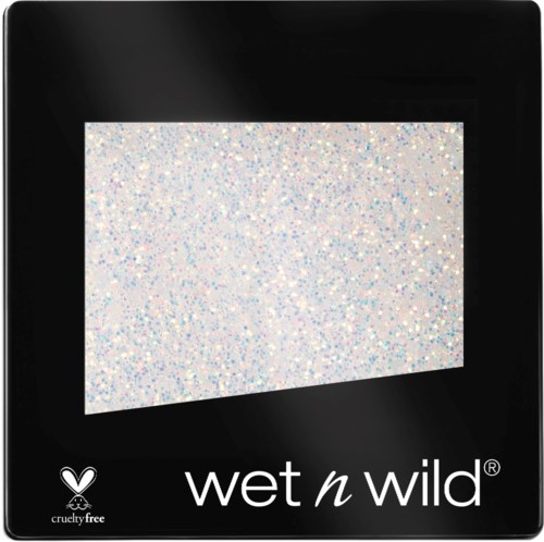 A rectangular, glittery white surface on black background with 'Wet n Wild' logo and cruelty-free symbol.