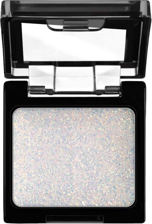 A black compact makeup palette with shiny, glittery white eyeshadow inside and an open mirror on top.